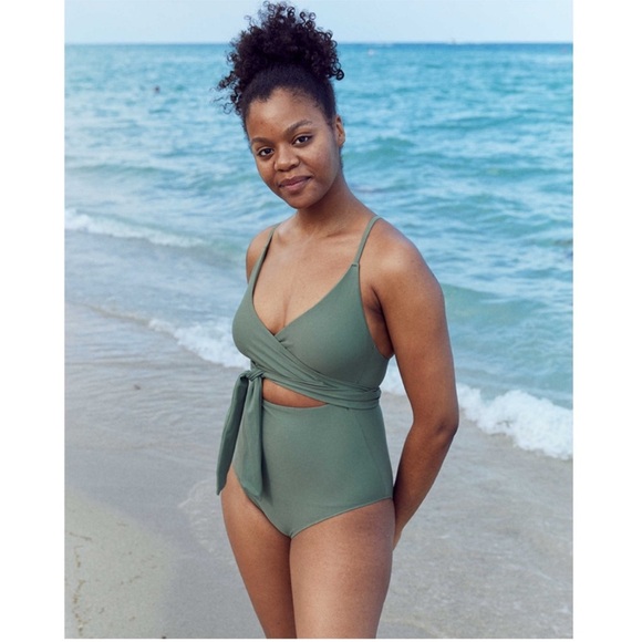 Aerie Green One Piece Swimsuit with Wrap V-Neck and Tie Waist - Picture 3 of 3
